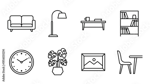 Vector set of household furniture and decor items including sofa, lamp, table, bookshelf, and plant