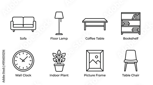 Vector set of household furniture and decor items including sofa, lamp, table, bookshelf, and plant