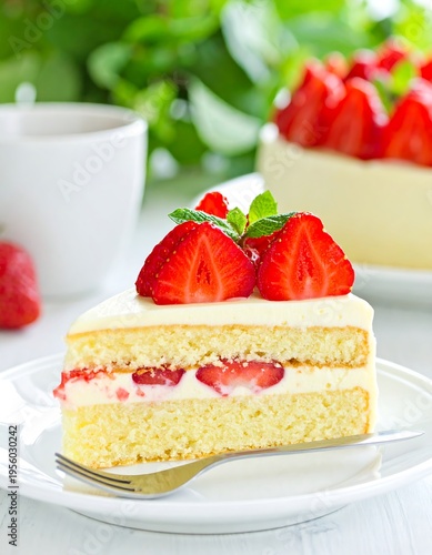 Strawberry cake slice with cream