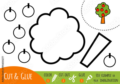 Educational paper game for children, Apple tree from parts. Black and white coloring page for color, cut and glue elements to create picture. Simple craft activity for preschool and kindergarten