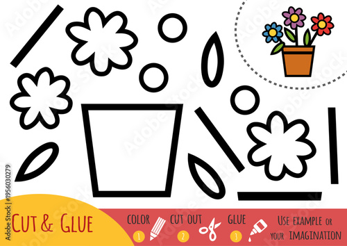 Educational paper game for children, three flowers in pot from parts. Black and white coloring page for color, cut and glue elements to create picture. Craft activity for preschool and kindergarten