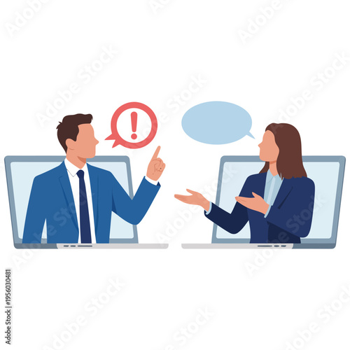 Two business professionals engage in a virtual discussion one expressing urgency