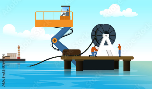 The process of installing submarine cables using a cable reel on a water platform, Submarine cable installation vector illustration, Utility cable installation in water