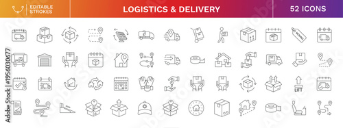 Logistics & Delivery Icons Set for Shipping, Warehouse, Courier, Tracking, Supply Chain & Transport UI UX Design – 52 Editable Stroke Line Icons