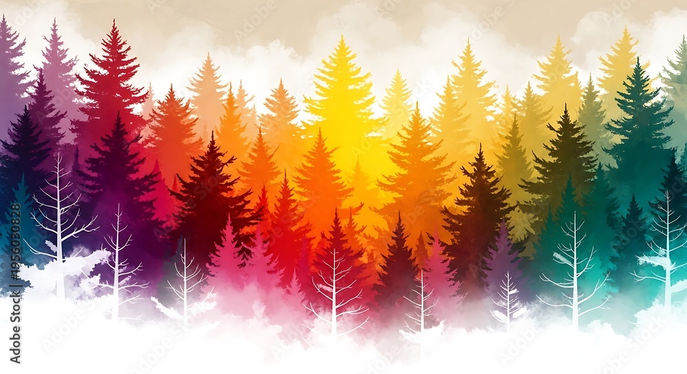 Fototapeta premium Vibrant rainbow colored pine trees in a misty forest landscape scene