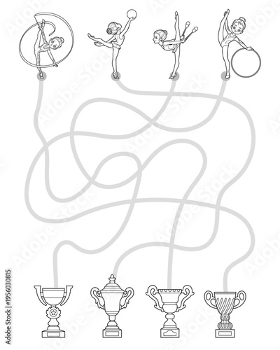 Black and white maze game for children. Cute set of rhythmic gymnasts characters. Educational coloring page for kids. Activity worksheet for developing logic, attention and fine motor skills.