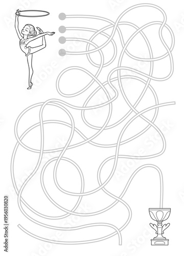 Black and white maze game for children. Cute gymnast girl with a hoop. Educational coloring page for kids. Fun activity worksheet for developing logic, attention and fine motor skills