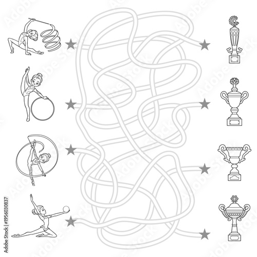 Black and white maze game for children. Cute set of rhythmic gymnasts characters. Educational coloring page for kids. Activity worksheet for developing logic, attention and fine motor skills.