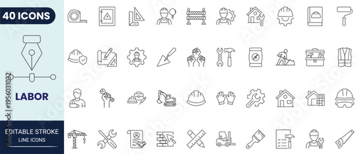 Labor icon set in outline style. Editable stroke. Vector icon collection.