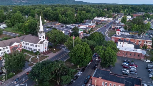 Downtown Aerial View Main Street Music on the Green Restaurants Bars Business First Congregational Church