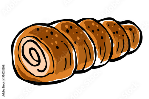 Hand drawn cream roll pastry in sketch style. Vector illustration with baked goods. Cute food artwork for cafe menu, design packaging and bakery branding