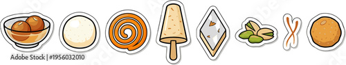 Traditional Indian sweets sticker collection featuring Gulab Jamun Jalebi and Kulfi vector
