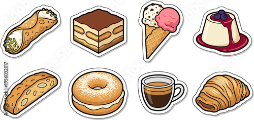 Traditional Italian dessert and breakfast sticker set isolated on white background vector illustration