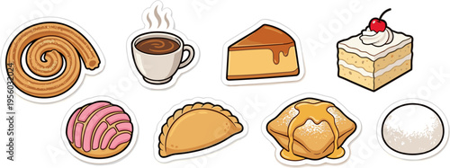 Traditional Mexican desserts and coffee sticker set featuring concha and churros vector illustration