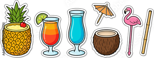 Tropical beach cocktail and summer drink sticker set isolated vector illustration