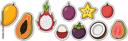 Tropical fruit stickers isolated on white background flat vector illustration