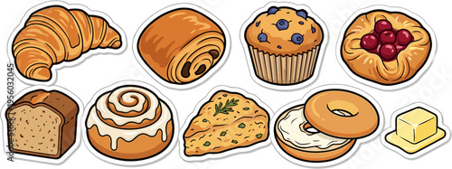 Variety of breakfast bakery pastries stickers set isolated on white background vector illustration