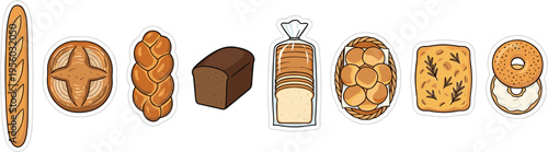 Assorted bakery bread types collection isolated on white background sticker vector illustration