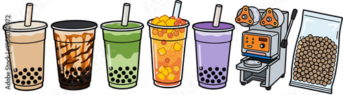 Assorted bubble tea drinks with cup sealing machine and pearls vector illustration