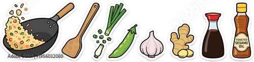 Asian cooking ingredients and wok sticker set vector illustration