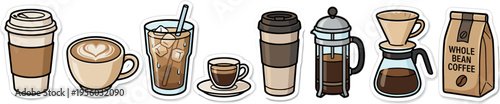 Assorted coffee cups and brewing equipment sticker set isolated on transparent background vector illustration