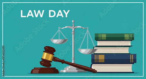 Vector illustration of law day with gavel, scales, and books