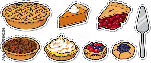 Assorted dessert pies and tart collection isolated on white background vector sticker illustration