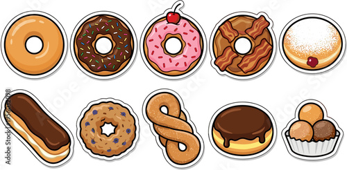 Assorted gourmet donut and pastry sticker collection isolated on white background vector illustration