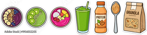 Collection of healthy breakfast smoothie bowls and protein snacks sticker vector