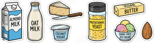 Collection of vegan dairy alternative products isolated sticker style vector illustration