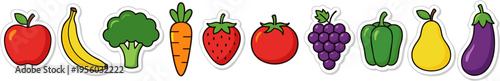 Colorful fruit and vegetable sticker set isolated on white background flat cartoon vector illustration