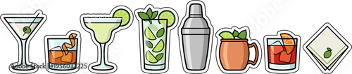 Colorful cocktail icons and shaker isolated on transparent background sticker vector illustration