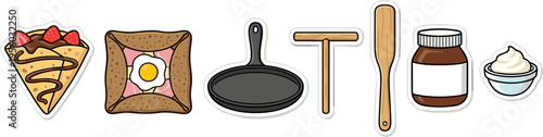 French crepe making set with sweet and savory pancakes and kitchen tools isolated vector illustration