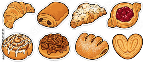 French bakery pastry sticker set including croissant and danish isolated on white background vector illustration