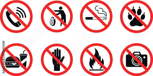 Set of prohibition signs including no smoking no food no pets no phone no littering no fire and no photography icons
