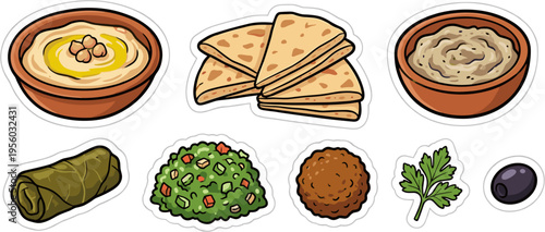 Middle Eastern mezze food stickers including hummus falafel and pita bread vector illustration