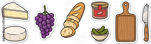 Set of French charcuterie food stickers including cheese baguette and grapes vector illustration