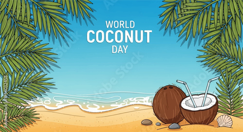 Vector illustration of coconut on beach for World Coconut Day