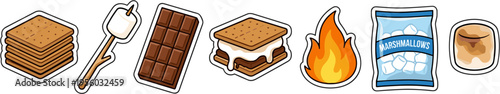 Smores campfire treat sticker set featuring chocolate graham crackers and marshmallows vector illustration