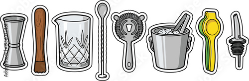 Set of professional barware and cocktail making tools isolated on white vector illustration