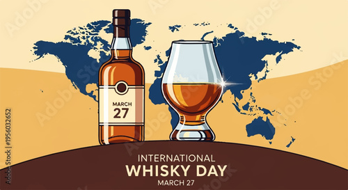 Vector illustration of whisky bottle and glass on world map for International Whisky Day