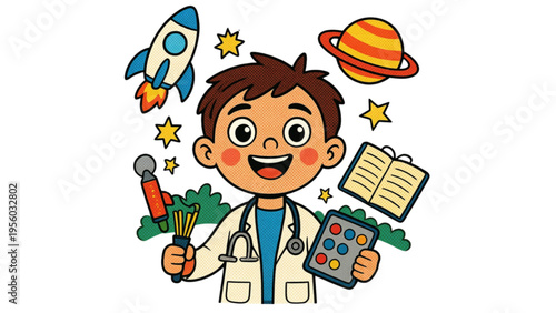 A happy cartoon student character is a smiling school boy holding a big pencil and sport ball in this vector illustration of childhood education and fun