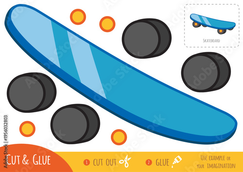 Education paper game for children blue skateboard. Use scissors and glue to create the image. Creative fun activity for kids