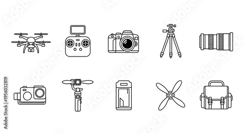 Drone and camera equipment icons set.