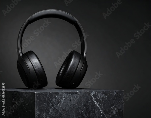 Studio shot of a black, wireless over-ear headphone on black block