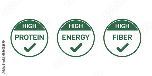 Nutrition icons high protein energy fiber green package label badge vector
