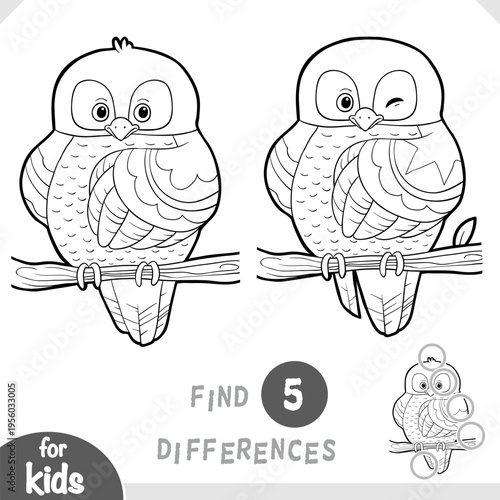 Cute Bird owl character on a branch. Spot the differences game for kindergarten and preschool children. Black and white coloring page for kids