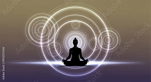 Vector yoga meditation silhouette with glowing white circles