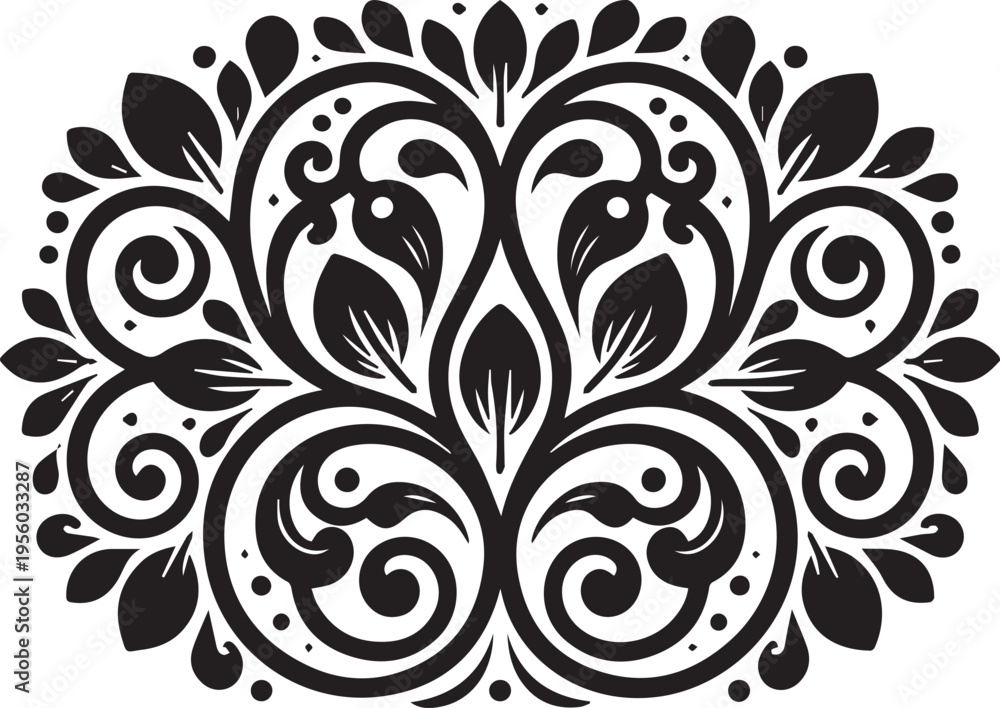 Obraz premium Black floral swirl design, ornate vector pattern, decorative leaf motifs, symmetrical illustration