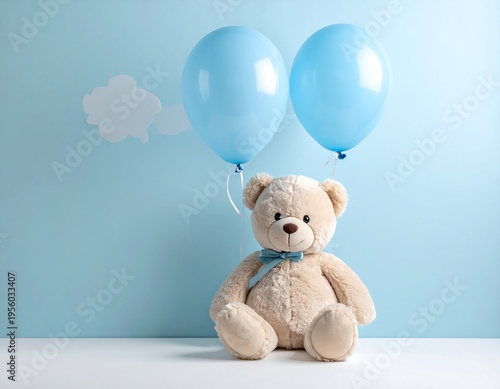 Stuffed bear holds blue balloons, blue wall, white cloud, soft lighting